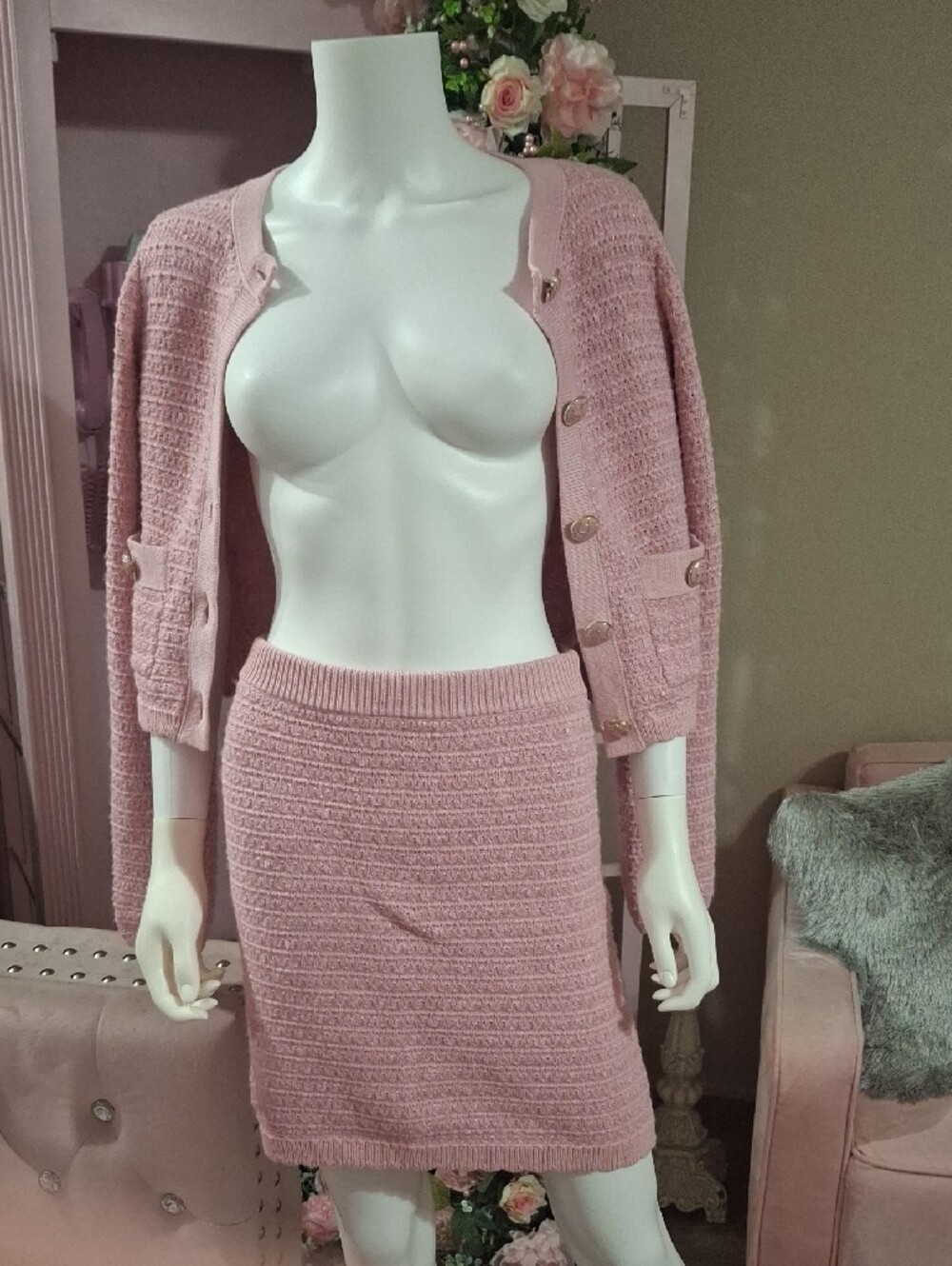Jessica Simpson Pink Tweed Cardigan and Skirt Set - Classic Two-Piece NWT Size S - Picture 4 of 5